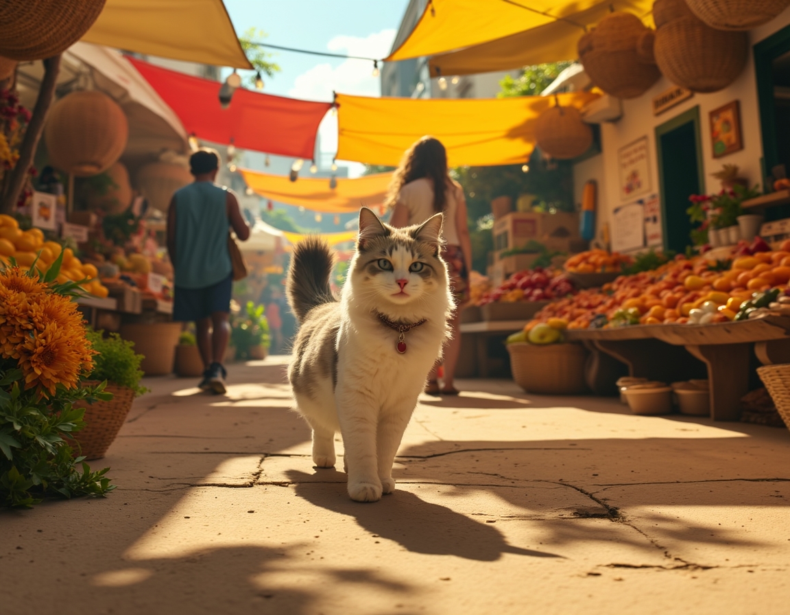 Cat wanders through a lively market, surrounded by fresh produce, baked goods, and aromas.